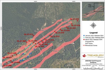 Figure 2: Goldlund 2020/2021 Phase 1 Drill Collar Locations, North East pit Location (CNW Group/Treasury Metals Inc.)