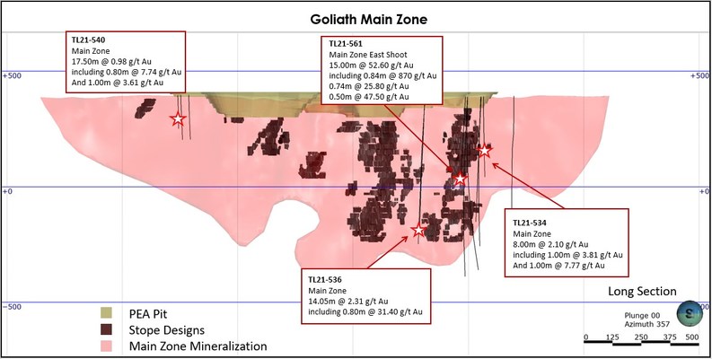 Figure 2: Long Section Goliath with Significant Results (CNW Group/Treasury Metals Inc.)