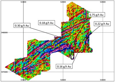 Figure 3: New airborne magnetic survey for Goldrock with sample locations (vertical derivative of reduced to pole total magnetic intensity) (CNW Group/Treasury Metals Inc.)