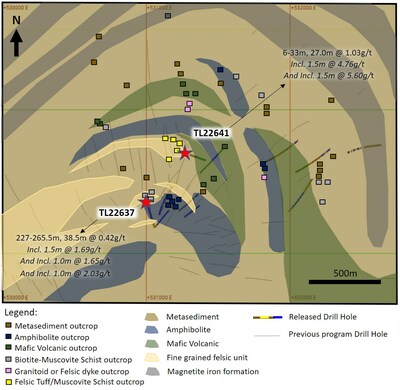 Figure 1: Geological map of Fold Nose with new significant results (CNW Group/Treasury Metals Inc.)